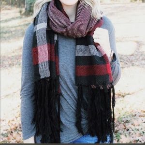 2 Way Wrap Scarf and Poncho Shawl Combination Red Black Plaid NEW
